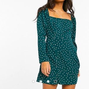 Petite square neck mini dress in polka dot